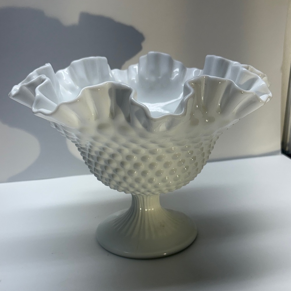 Vintage Fenton Hobnail White Milk Glass Ruffled Compote Pedestal Candy Dish Bowl